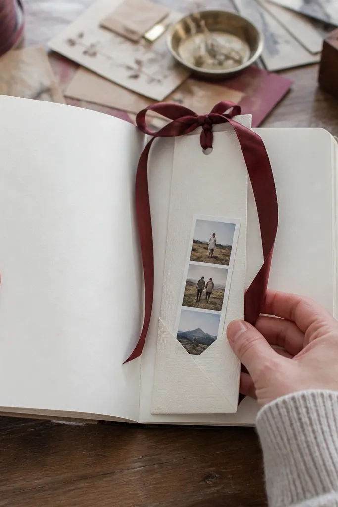Ribbon tied bookmark insert hanging from a scrapbook page pocket