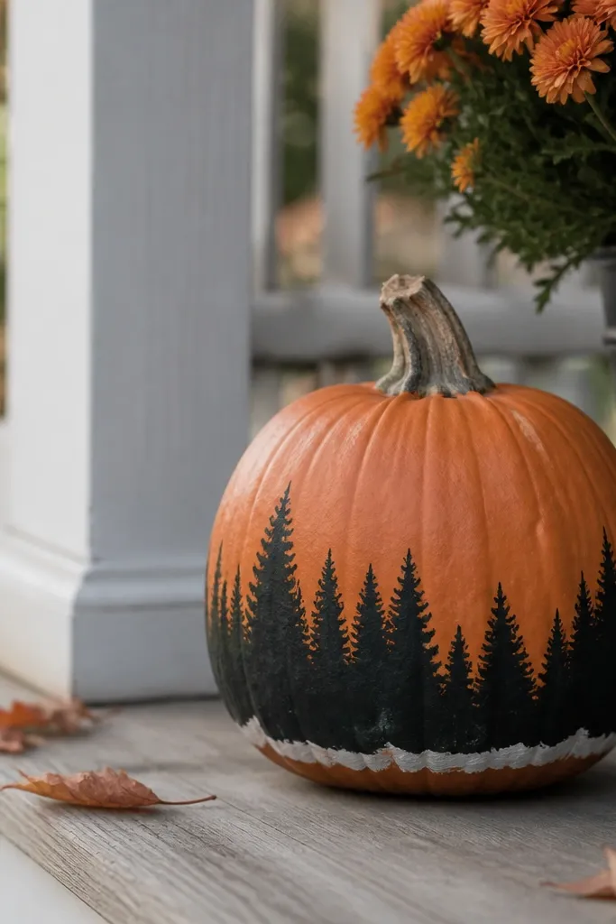 A small orange pumpkin painted with a near-black evergreen tree line across the bottom third, with a thin off-white snow line and a matte finish catching soft porch light.