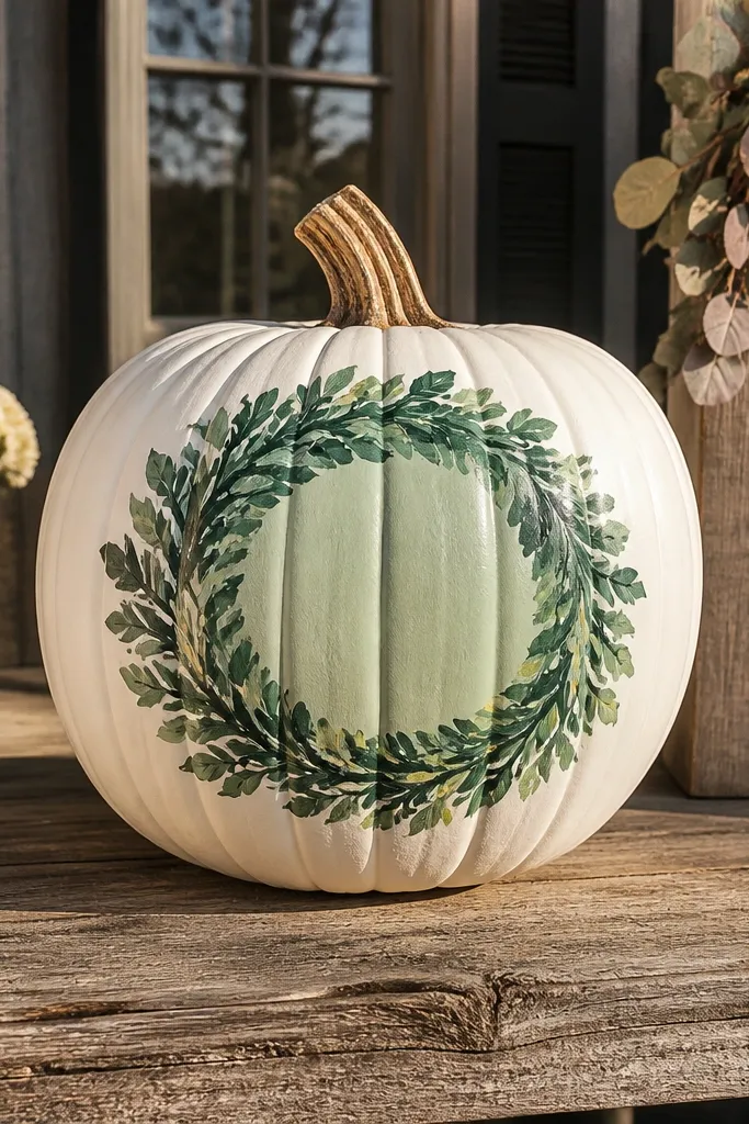 A medium pumpkin with a circular wreath painted in layered greens, a cream medallion in the center, and tiny rust berry dots around the wreath edge.