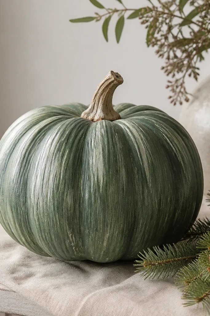A pumpkin painted in soft evergreen with visible dry-brush streaks like pine needles, plus a few off-white highlight strokes on the upper half.