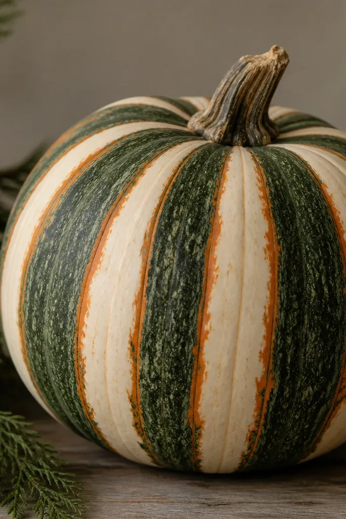 A pumpkin with diagonal evergreen stripes flowing down from the stem, separated by thin rust lines and small cream highlights.