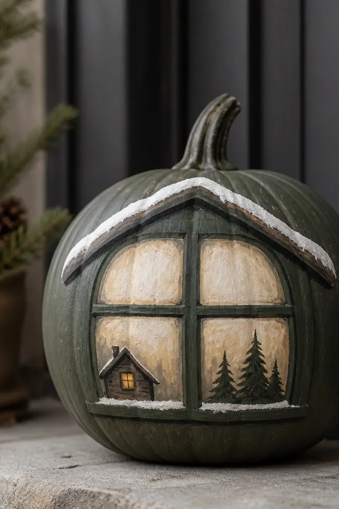 A pumpkin painted like a cabin window with a dark green frame, cream panes, a tiny cabin silhouette, and a dusting of off-white snow on the roof line.
