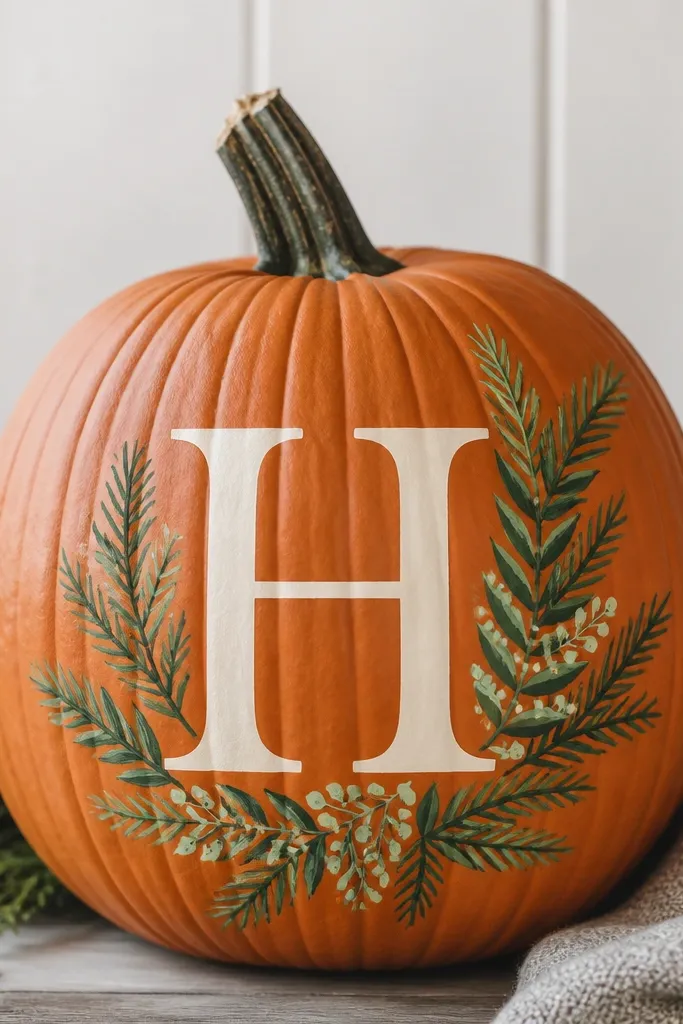 A pumpkin with a large cream monogram letter painted in the center, surrounded by small evergreen sprigs in dark and light greens.