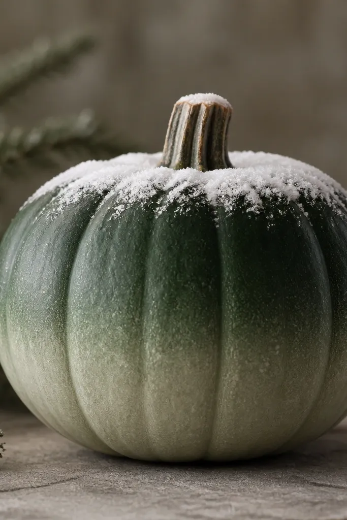 A pumpkin with a smooth ombre from deep evergreen at the top transitioning to sage near the bottom, with a thin off-white snow cap.