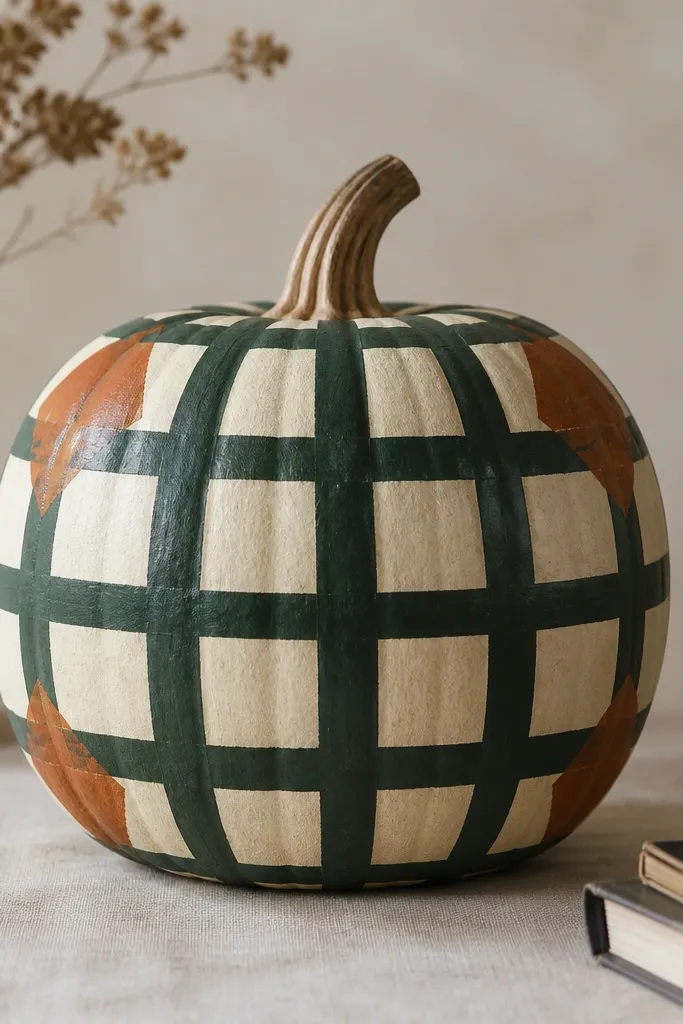 A pumpkin painted with a dark green lattice grid across the front, rust corner blocks, and cream background showing through lightly.