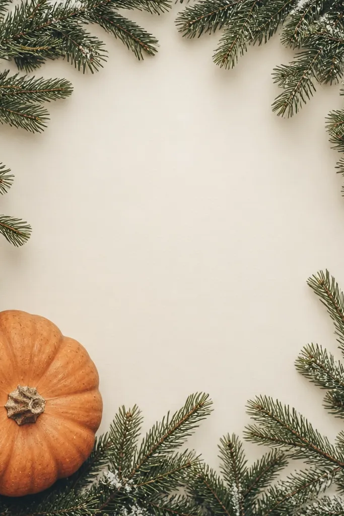 A pumpkin with a dark green pine branch frame circling the edges, leaving the center plain and cream, with small off-white snow flecks on the branches.