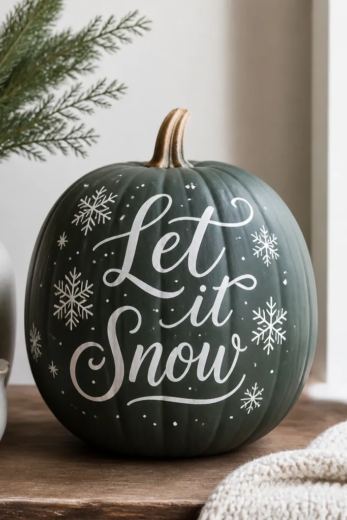A pumpkin painted dark evergreen like a chalkboard with hand-lettered white text and small off-white snow accents around the words.