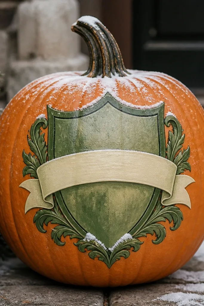 A pumpkin with a shield-shaped crest painted in greens, a cream banner across the center, and a light dusting of snow on the crest edges.