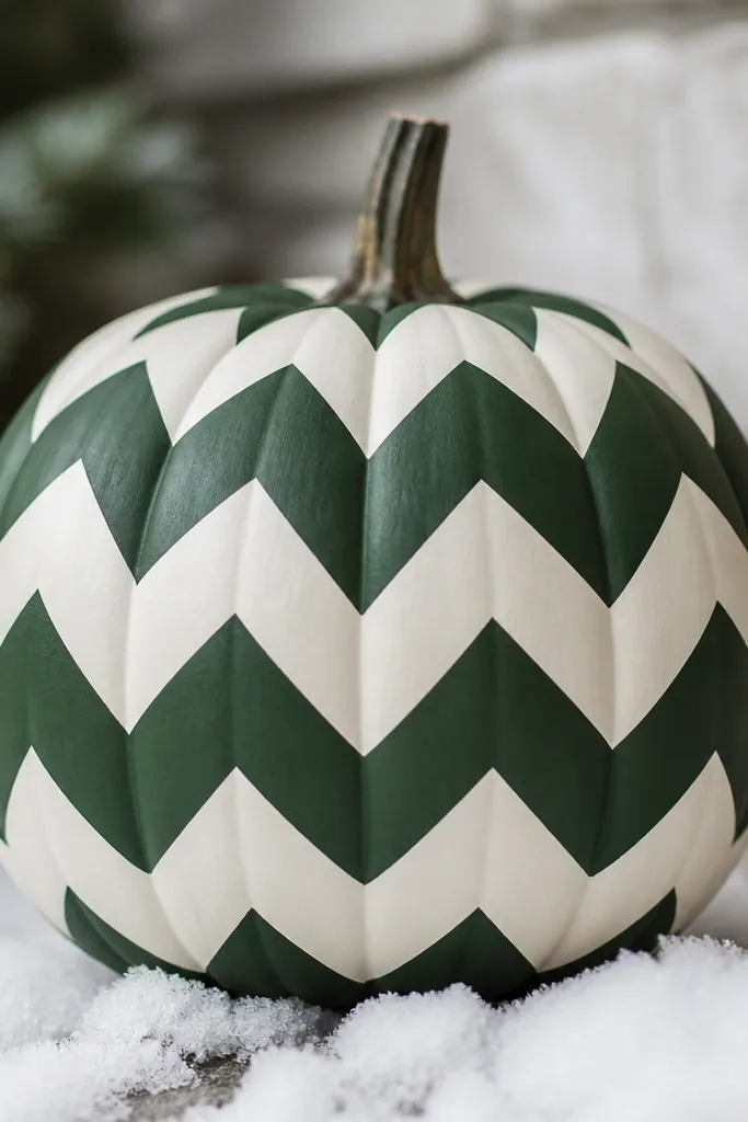 A pumpkin painted with bold chevron stripes in evergreen and cream, with a small off-white snow pile at the bottom edge.