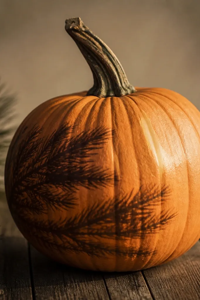 A pumpkin with a dark evergreen pine branch painted as a shadow across one side at an angle, with a soft blended edge and a small cream highlight stroke.