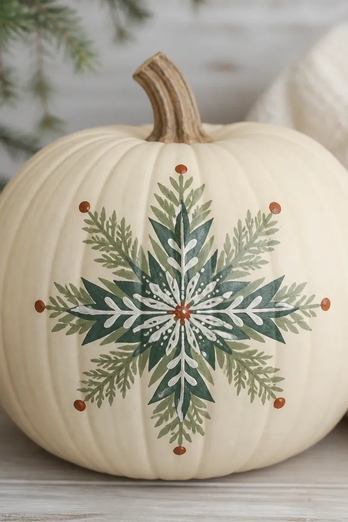 A pumpkin with a multi-layer snowflake painted in greens and off-white, radiating from the center, with small rust dots at the tips.