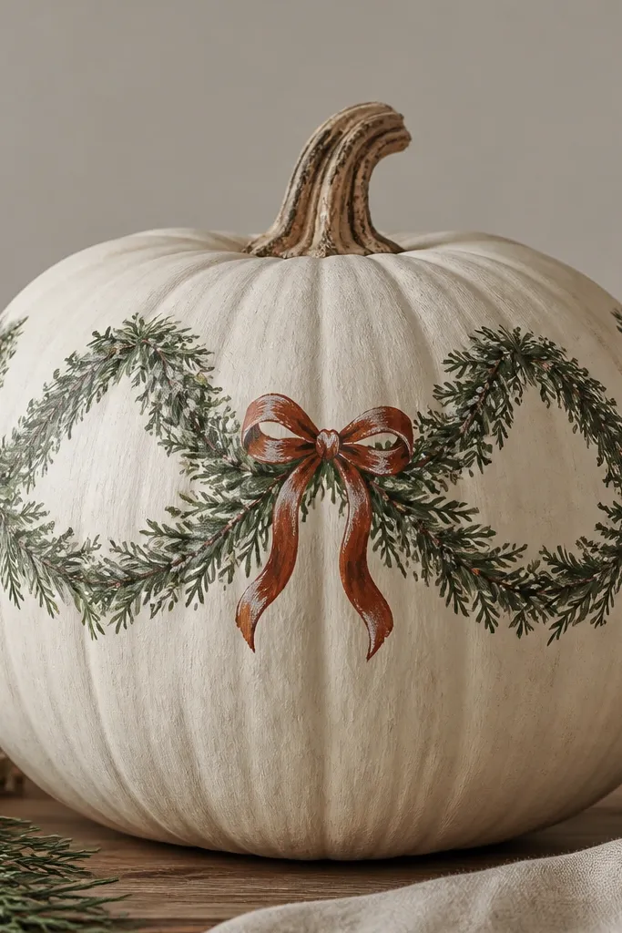 A pumpkin painted with a looping evergreen garland ribbon across the top half, tied with a small rust bow, and dusted off-white on the ribbon folds.