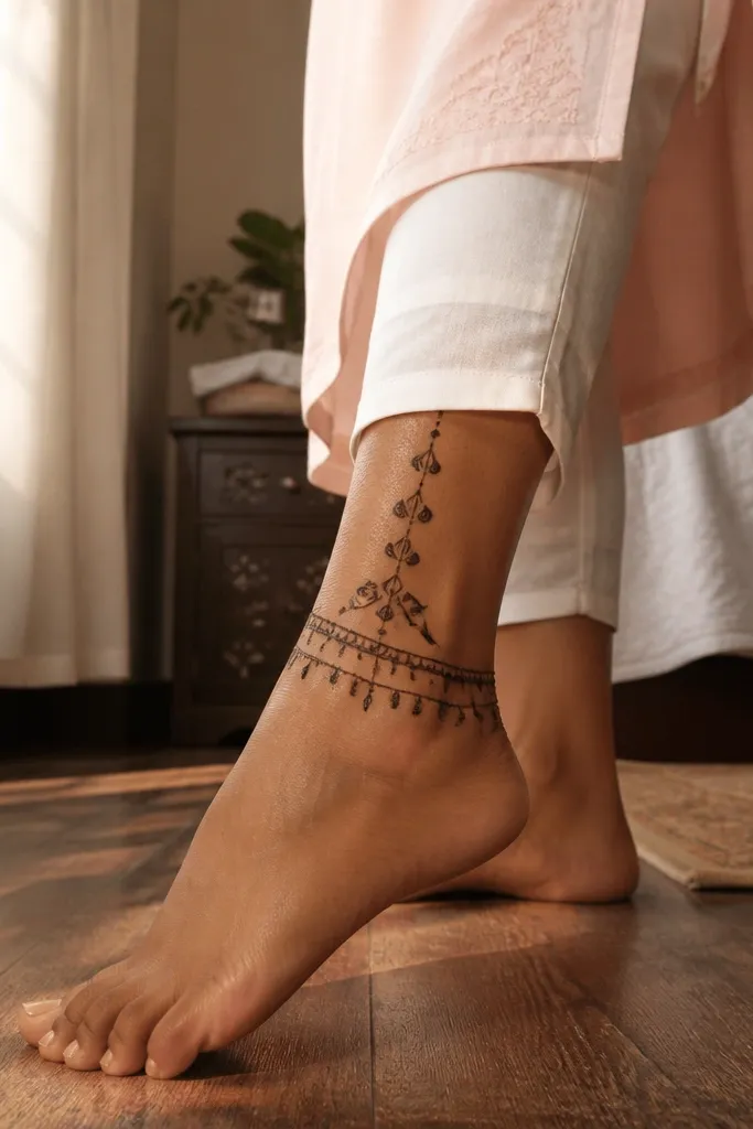 Two thin bands around ankle with small teardrop shapes rising up the outer leg