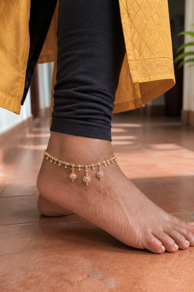 An ankle bracelet band with three small dangling shapes and star dots