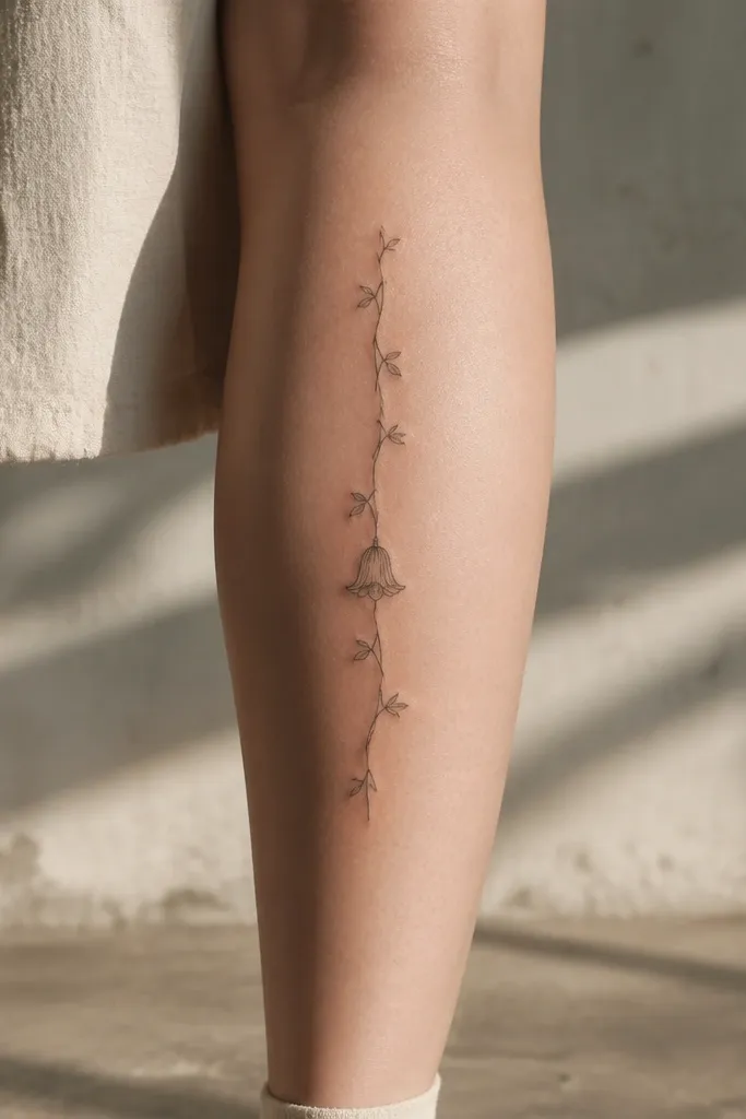A thin vine on calf with one dangling bell shape in the middle