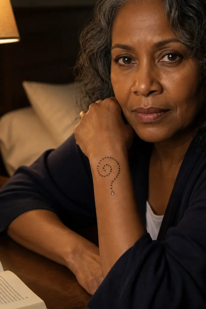 Spiral of dots on wrist ending at a single teardrop motif