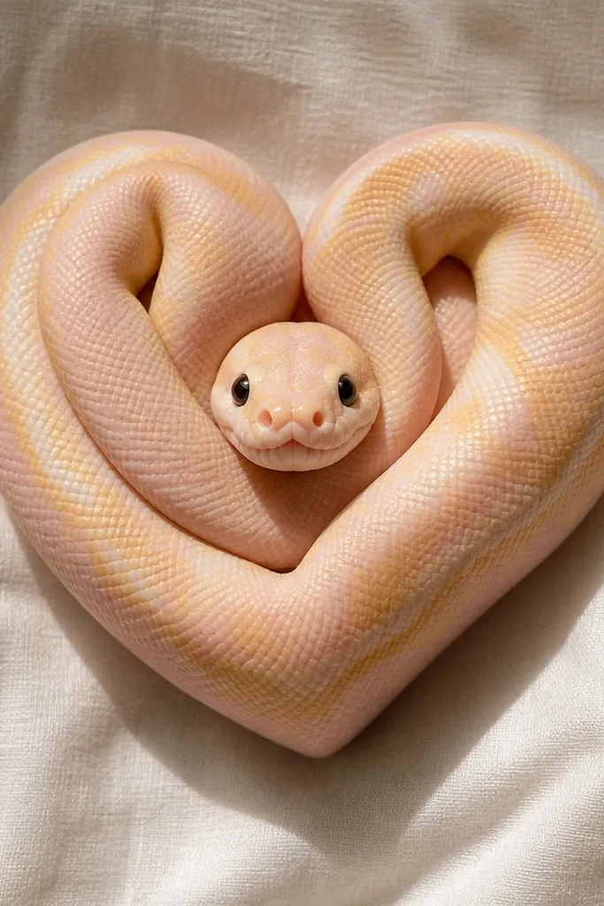 Cute snake curled inside a heart shape with two dot eyes and a tiny smile