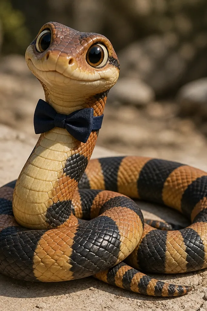 Cartoon snake with a striped body and a small bow tie on its neck