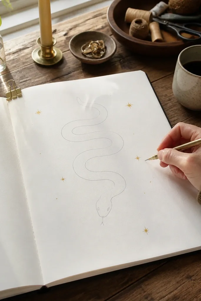 Thin-line snake curling upward with three small stars around its head