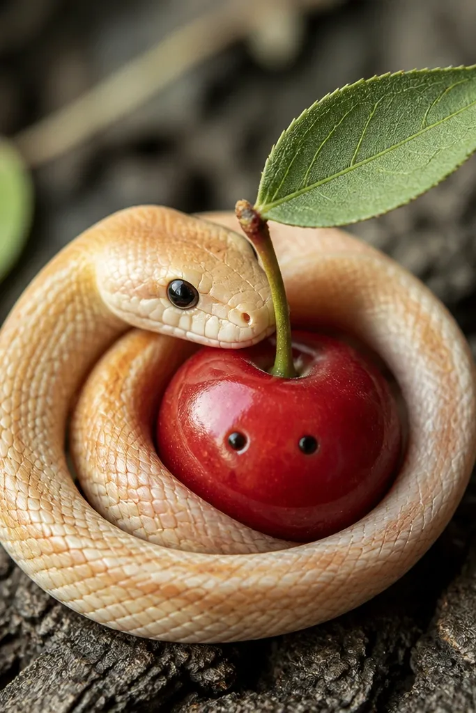 Snake hugging a small cherry with a leaf, simple dots for eyes