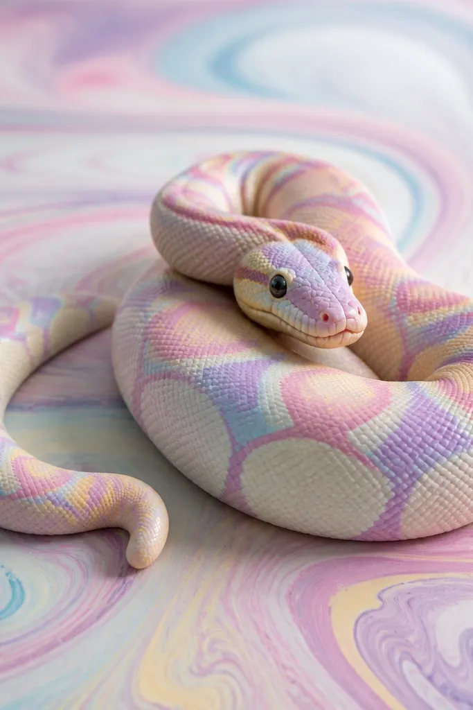 Snake in a pastel swirl with rounded belly bubbles and simple eyes
