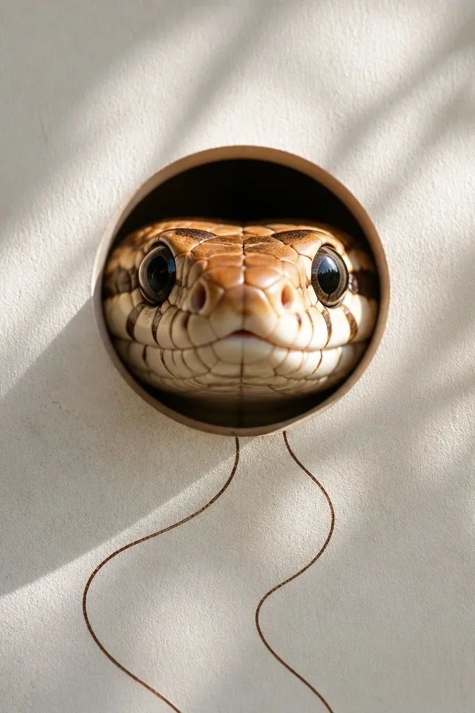 Snake face with big eyes inside a circle, minimal body lines below