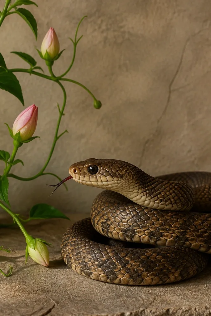 Snake coiled next to a simple flower vine with three buds