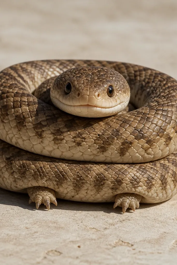 Coiled snake with tiny feet peeking out and simple face