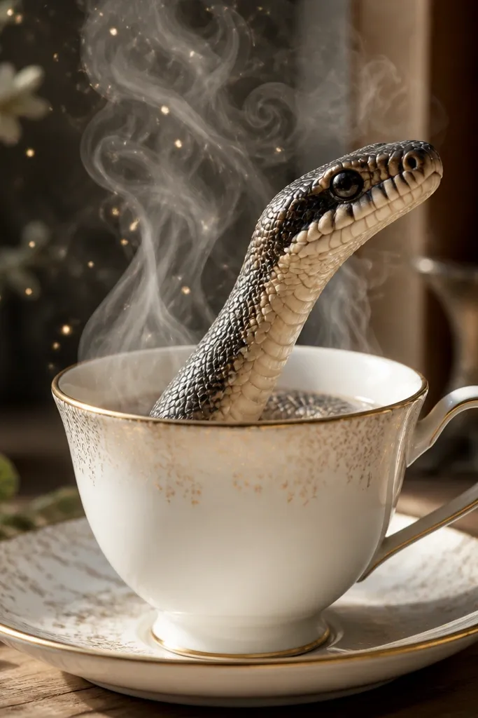 Snake head emerging from a teacup with steam swirls and tiny sparkles