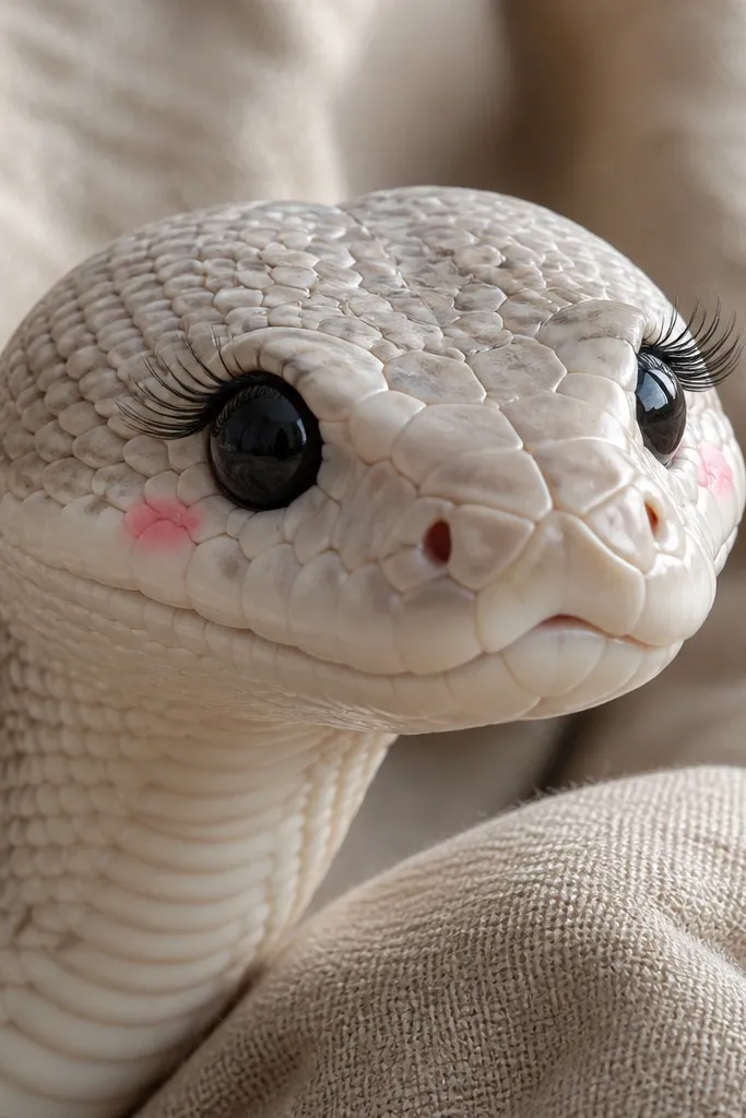 Snake face with eyelash-like lines and small blush marks on cheeks