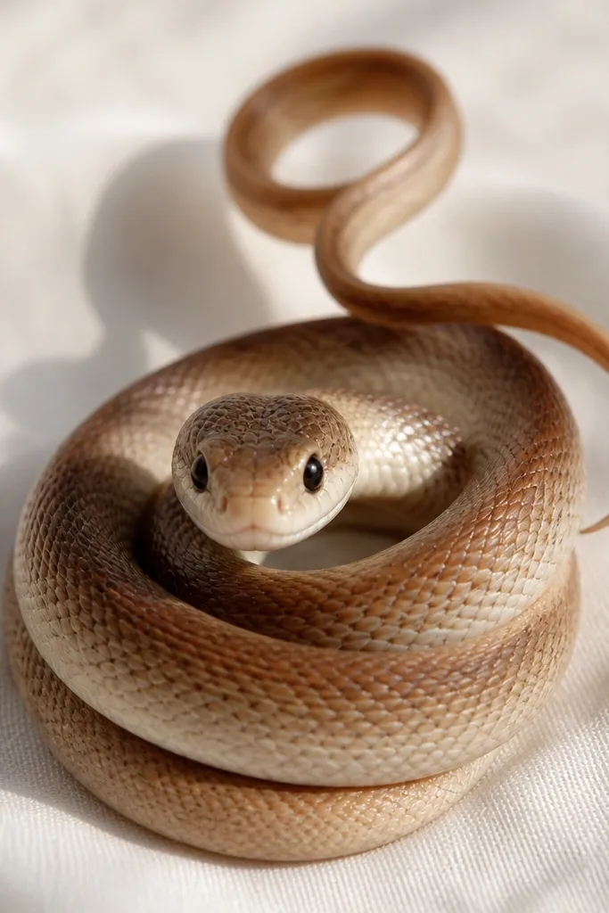 Cute snake coiled with a ribbon-like tail curl and small dot eyes