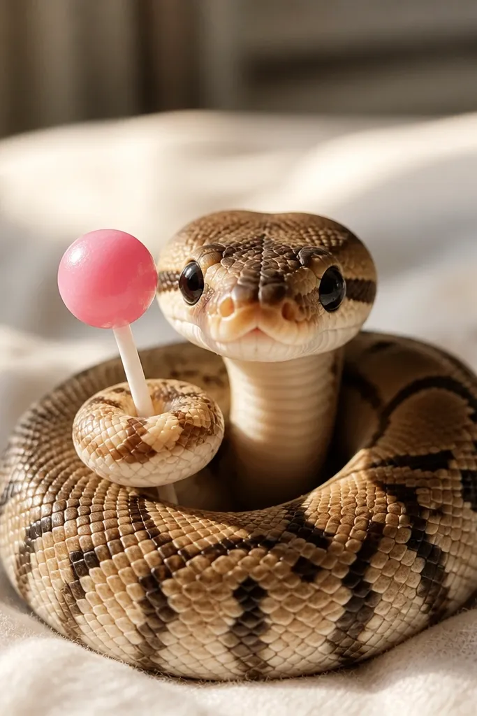 Cute snake holding a small lollipop with a curled body and dot eyes