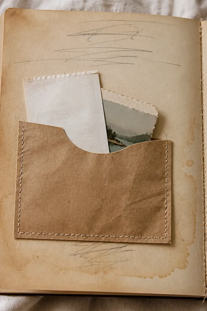 A tea-stained paper page with a stitched pocket holding receipts and ticket scraps