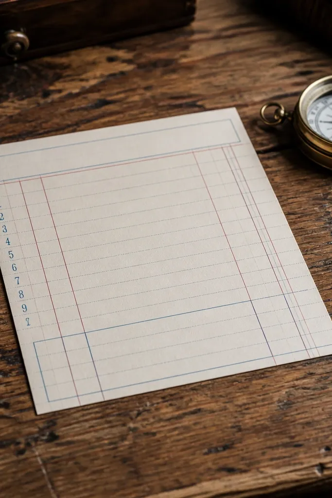A ledger-style grid card with small numbered boxes along the margins