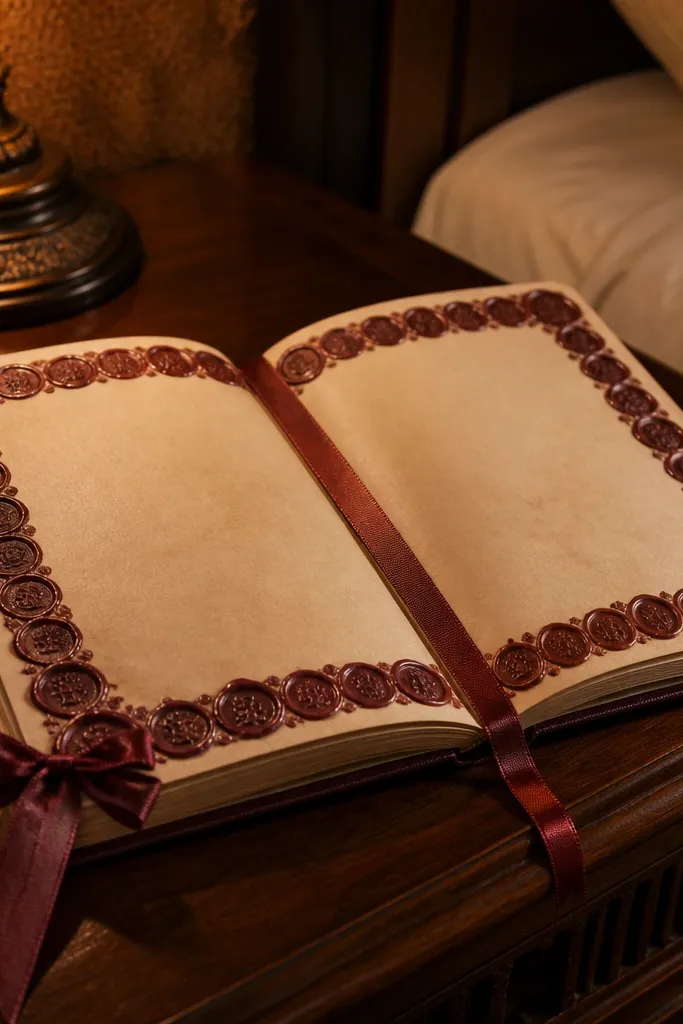 A journal page with a wax-seal look border and a ribbon bookmark tied at the corner