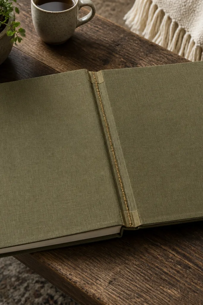 A fabric-covered journal page with a stitched spine tab and stitched border