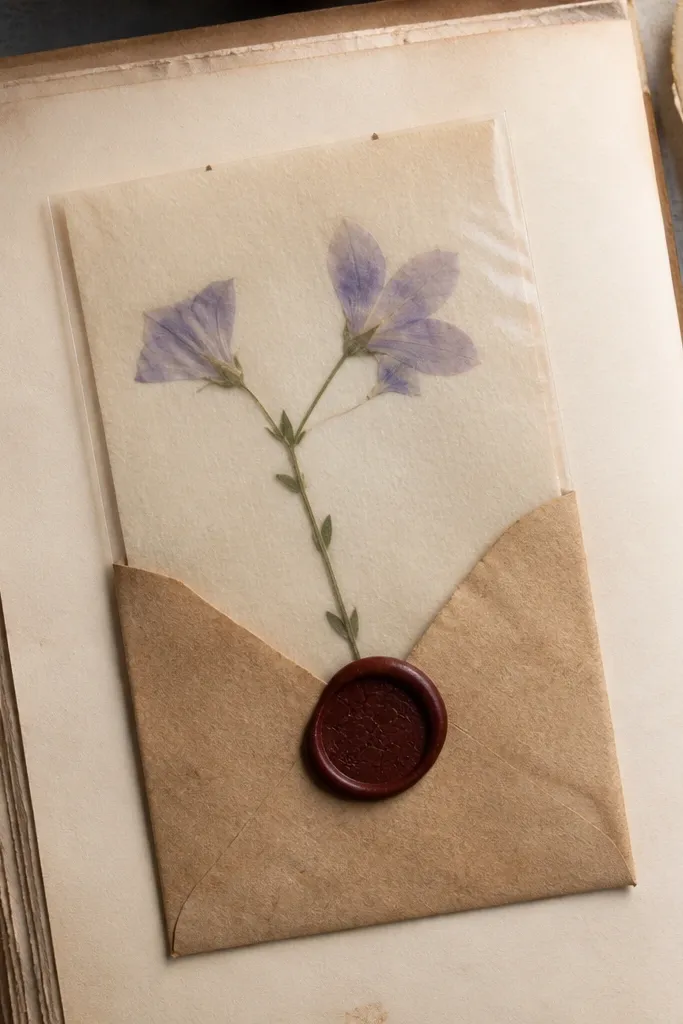 A kraft envelope page with pressed flowers inside and a stamped wax-style label