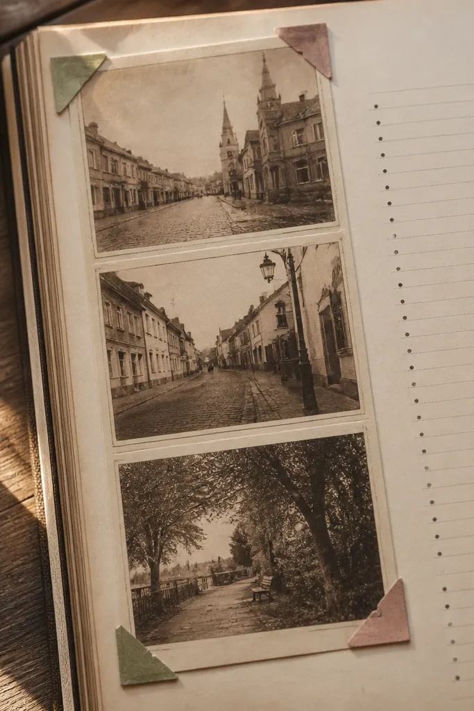 A sepia strip layout with small corner tabs and an index list