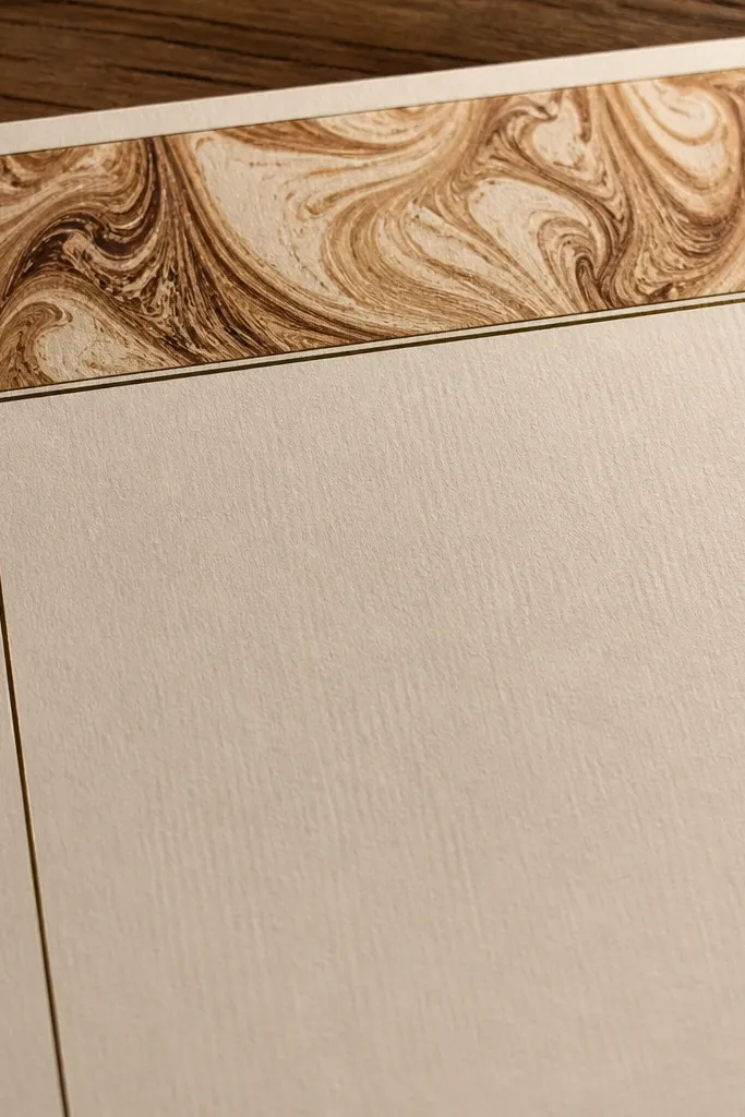A marbled header strip with brown swirls and thin dark lines on cream paper
