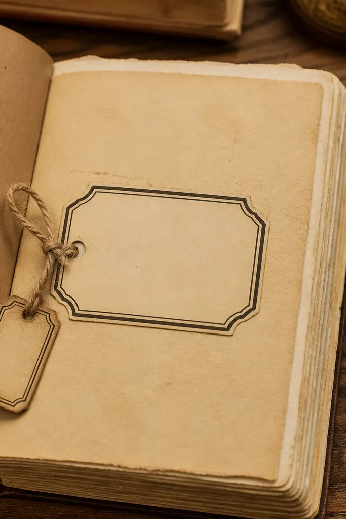 A page with a vintage label and a twine tie across a kraft paper tab