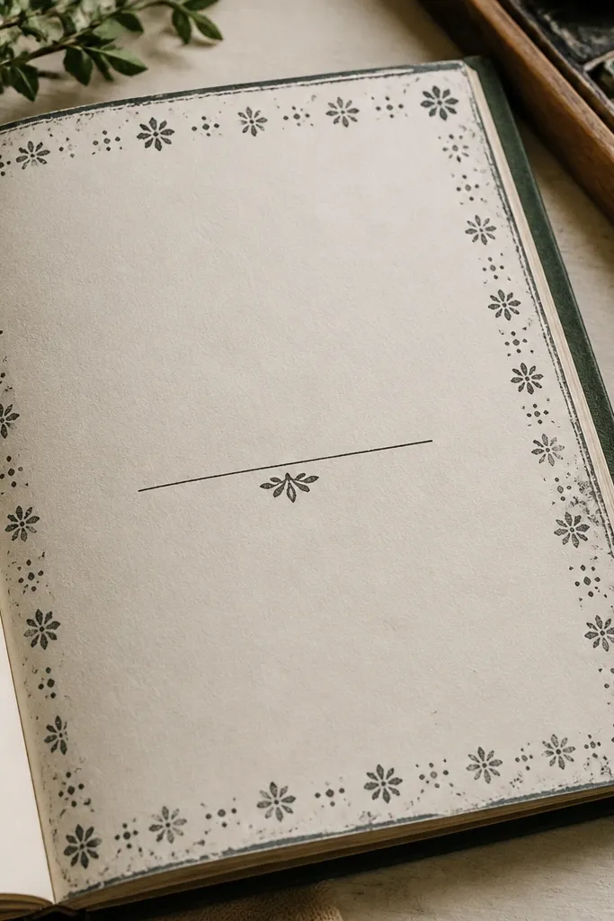 A cream page with a stamped border of tiny motifs and a chalky dark ink tone