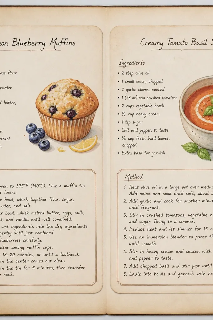 A double-page spread with vintage recipe cards, cut corners, and handwritten ingredients