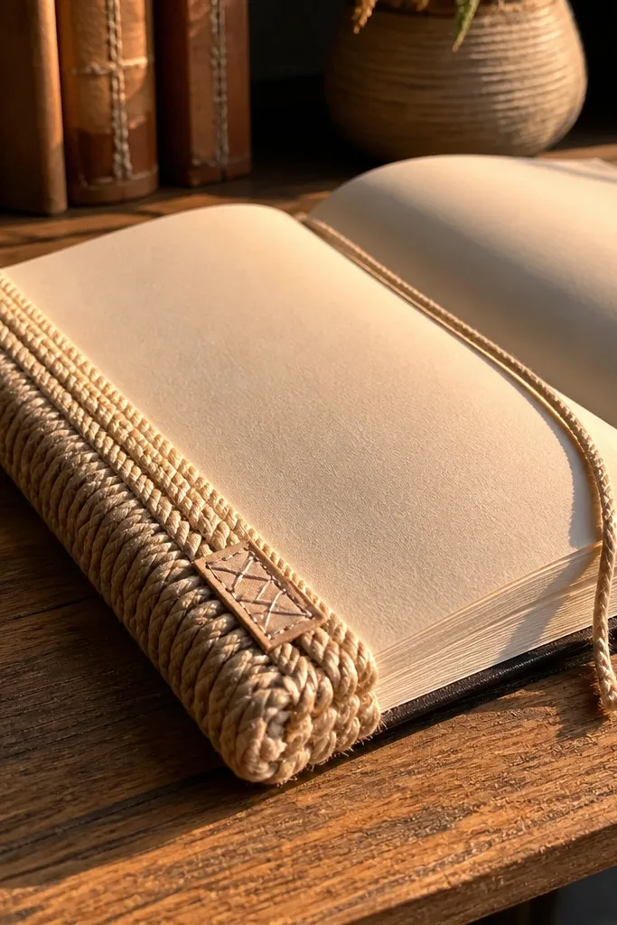 A journal page with a rope cord wrapped along the spine and a small stitched label