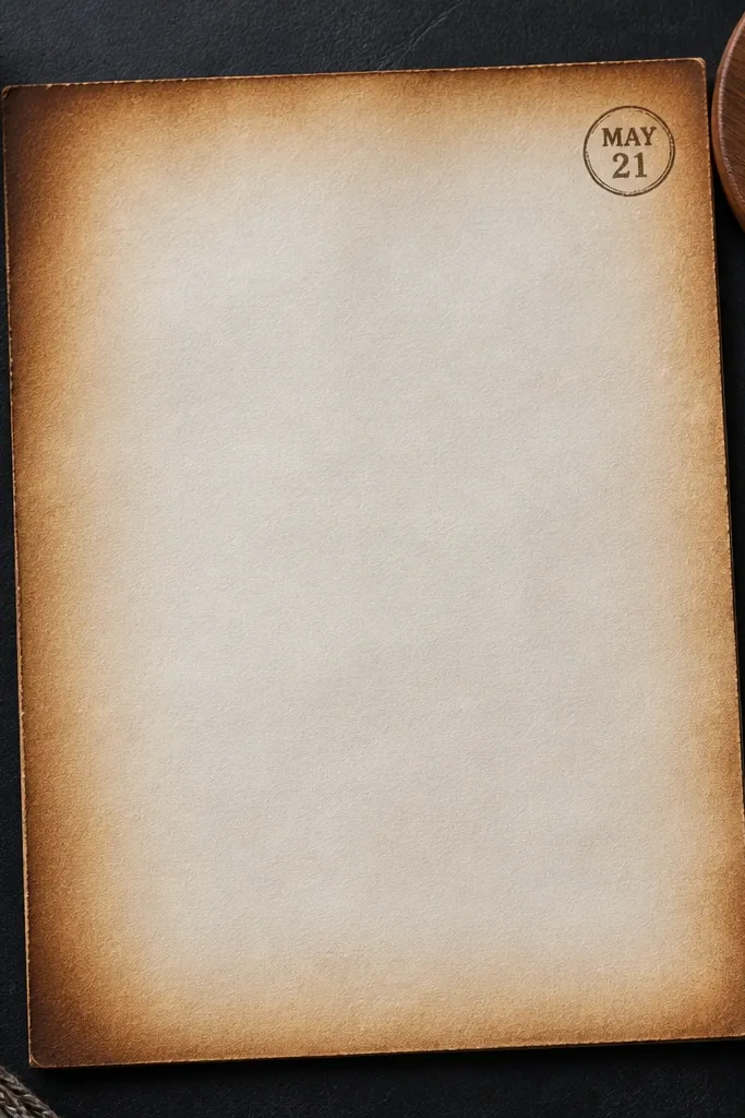 A page with darker tea-dye gradient at the edges and a small corner date stamp