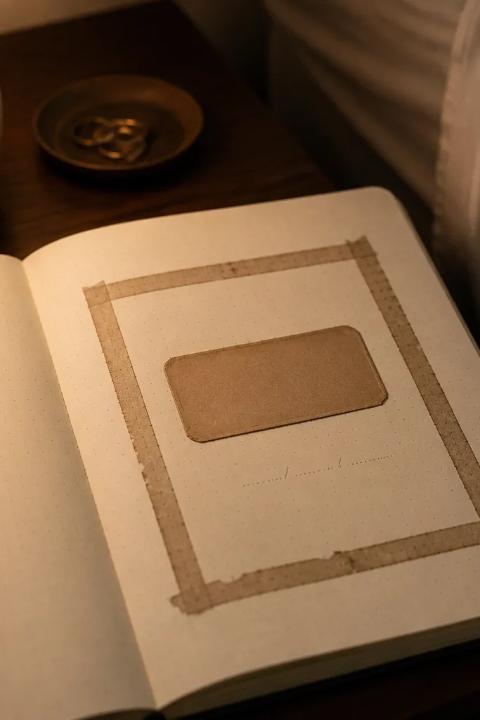 A cream page with a sepia washi frame and a centered title plate