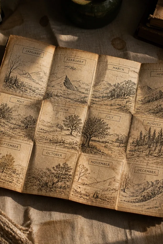 A folded old-book style page laid out like a month map with labeled boxes