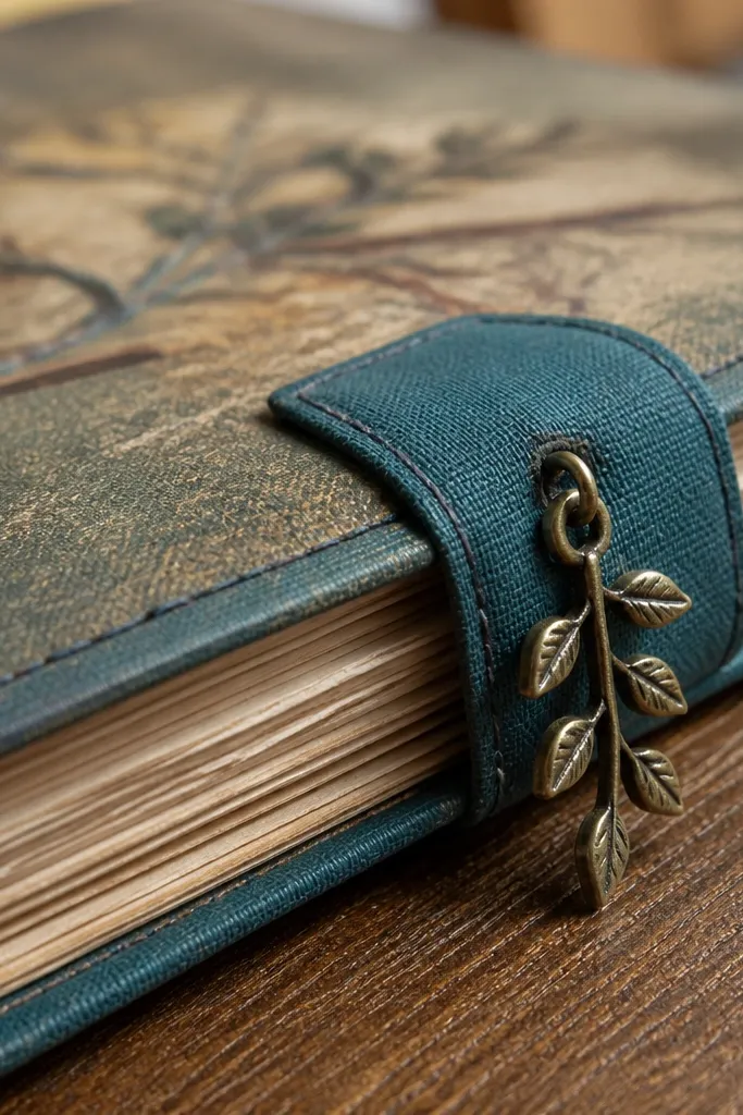 A fabric tab with a small metal charm attached and a journal page closure detail