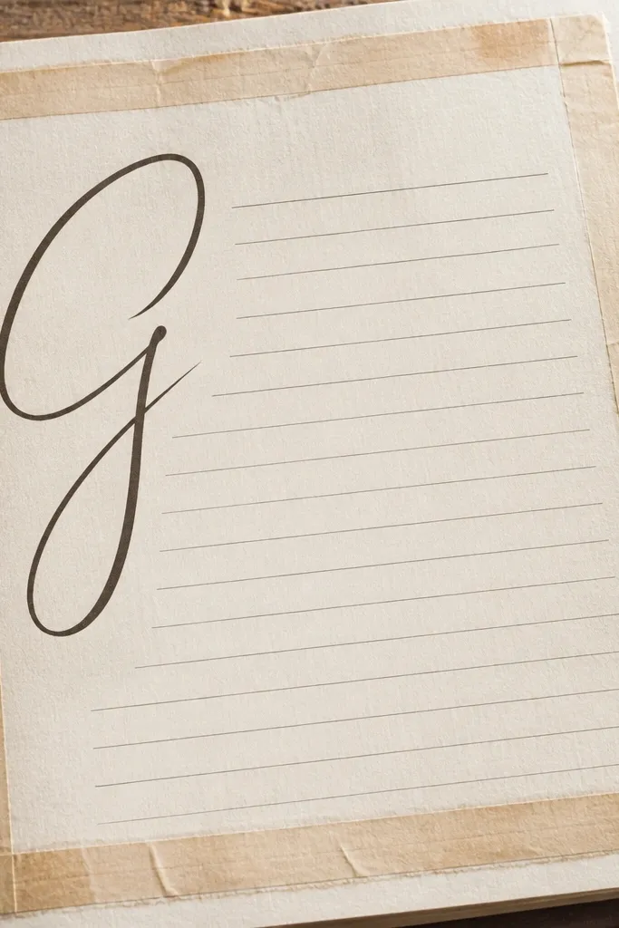 A cream page with a muted border tape and a large handwritten drop cap