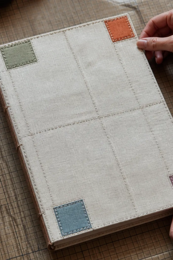 A stitched grid page with corner labels and clean handwritten notes