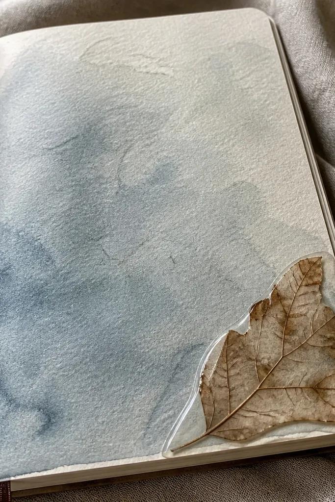 A seasonal color wash page with a pressed leaf in the corner and handwritten notes
